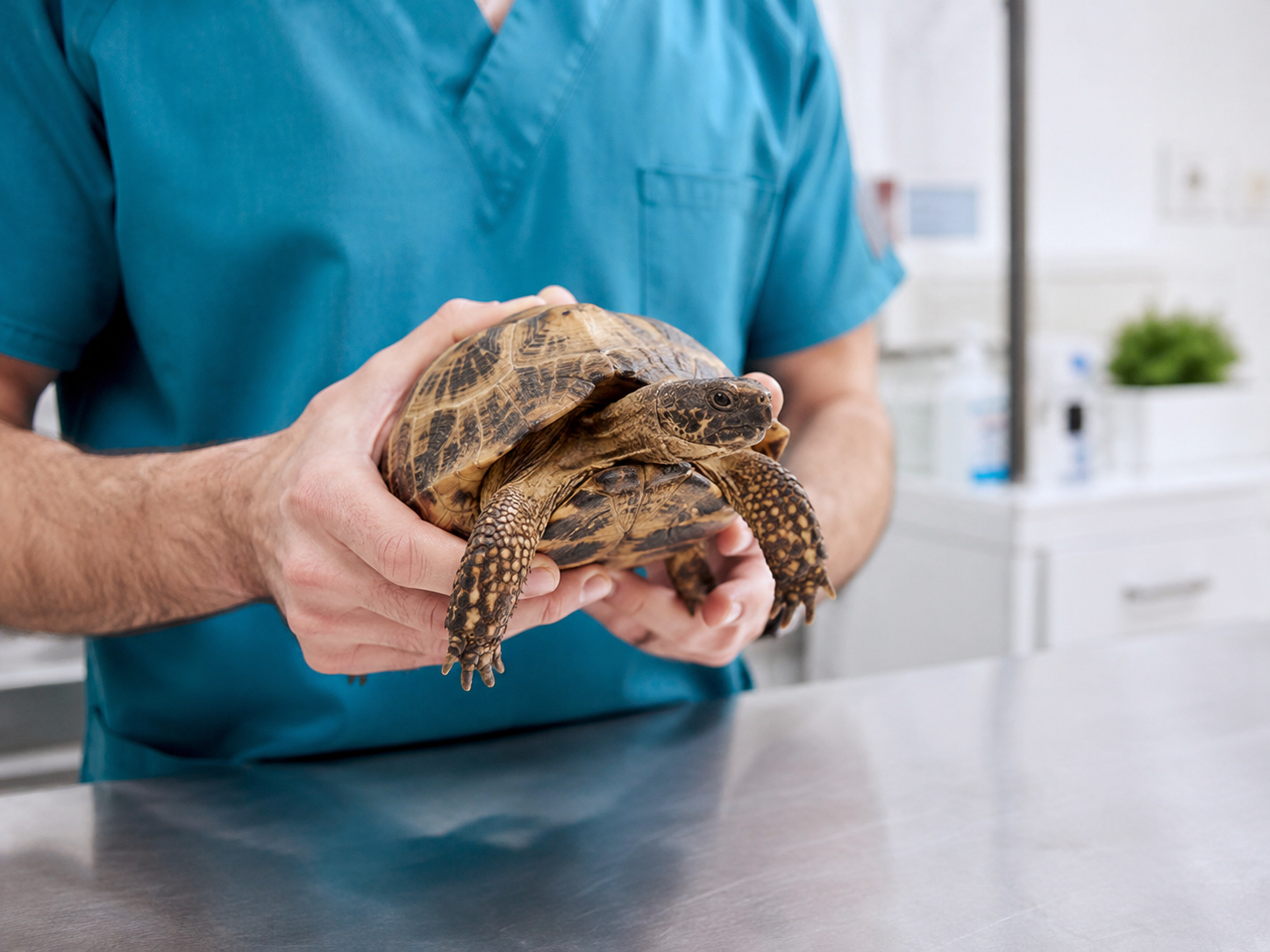 Veterinario sosteniendo una tortuga en consulta
